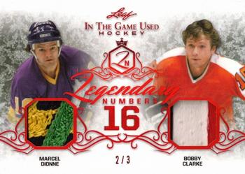 2019-20 Leaf In The Game Used - Legendary Numbers - Red Spectrum Foil #LN-04 Marcel Dionne / Bobby Clarke Front