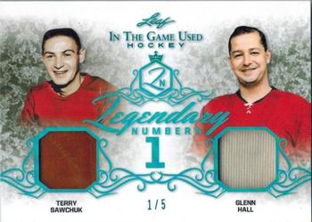2019-20 Leaf In The Game Used - Legendary Numbers - Blue Spectrum Foil #LN-08 Terry Sawchuk / Glenn Hall Front