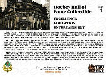 1991-92 Pro Set - Hockey HOF NHL 75th Anniversary Tribute #HHOF1 Hockey Hall of Fame Collectible Back