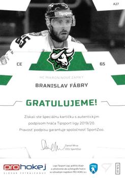 2019-20 SportZoo Tipsport Liga - Autograph #A27 Branislav Fabry Back