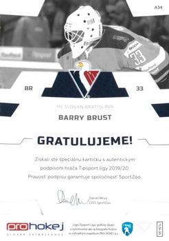 2019-20 SportZoo Tipsport Liga - Autograph #A34 Barry Brust Back