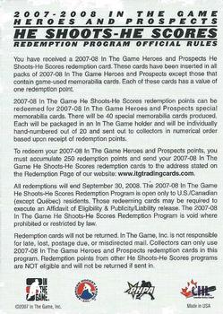 2007-08 In The Game Heroes and Prospects - He Shoots He Scores Redemption Points #NNO Sudbury Wolves Back