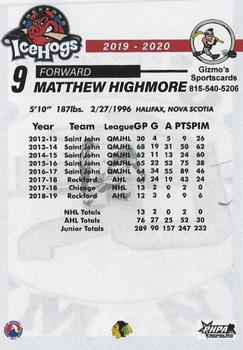 2019-20 Gizmo's Sportscards Rockford IceHogs (AHL) #NNO Matthew Highmore Back