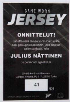 2019-20 Cardset Finland Series 2 - Game Worn Jersey Series 2 Redemption #NNO Julius Nättinen Back