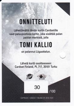 2019-20 Cardset Finland Series 2 - Patch Series 2 Redemption #NNO Tomi Kallio Back