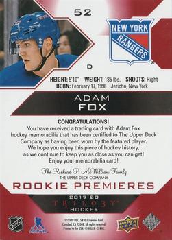 2019-20 Upper Deck Trilogy - Red Foil Material Common Rookies #52 Adam Fox Back