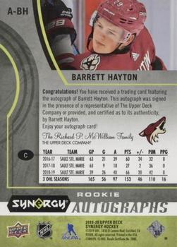 2019-20 Upper Deck Synergy - Rookie Autographs #A-BH Barrett Hayton Back