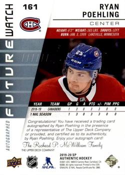 2019-20 SP Authentic #161 Ryan Poehling Back