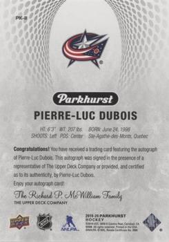 2019-20 Parkhurst - Parkies Autographs Gold #PK-11 Pierre-Luc Dubois Back