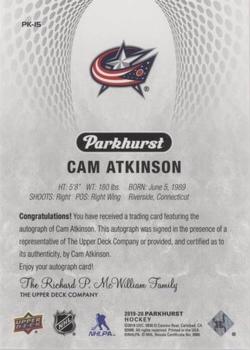 2019-20 Parkhurst - Parkies Autographs Gold #PK-15 Cam Atkinson Back