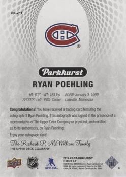 2019-20 Parkhurst - Parkies Autographs Gold #PK-29 Ryan Poehling Back