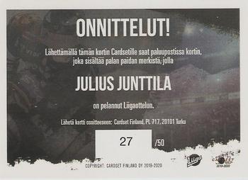 2019-20 Cardset Finland Series 1 - Signature Sensation Game Worn Jersey Series 1 Redemption #NNO Julius Junttila Back