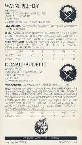 1992-93 Jubilee Foods Kids Club Buffalo Sabres #NNO Wayne Presley / Donald Audette Back