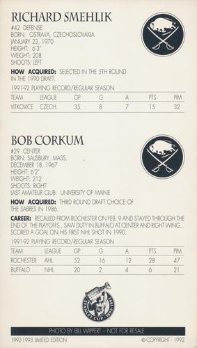 1992-93 Jubilee Foods Kids Club Buffalo Sabres #NNO Richard Smehlik / Bob Corkum Back