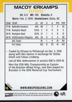 2019-20 Choice Wilkes-Barre/Scranton Penguins (AHL) #16 Macoy Erkamps Back