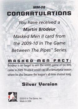 2015-16 In The Game Final Vault - 2009-10 In The Game Between The Pipes - Masked Men II Silver (Green Vault Stamp) #MM-08 Martin Brodeur Back