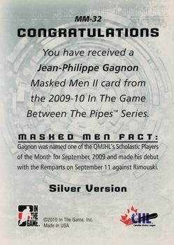 2015-16 In The Game Final Vault - 2009-10 In The Game Between The Pipes Masked Men II Silver (Silver Vault Stamp) #MM-32 Jean-Philipp Gagnon Back