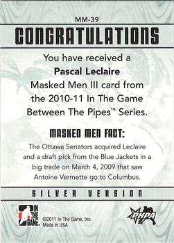 2015-16 In The Game Final Vault - 2010-11 In The Game Between The Pipes - Masked Men III Silver (Green Vault Stamp) #MM-39 Pascal Leclaire Back
