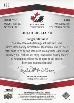 2014 Upper Deck Team Canada Juniors - Base Jerseys #166 Julio Billia Back