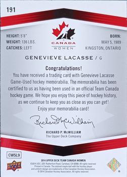 2014 Upper Deck Team Canada Juniors - Base Jerseys #191 Genevieve Lacasse Back