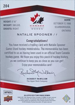 2014 Upper Deck Team Canada Juniors - Base Jerseys #204 Natalie Spooner Back