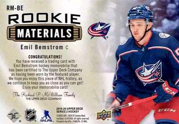 2019-20 Upper Deck - Rookie Materials Patch #RM-BE Emil Bemstrom Back