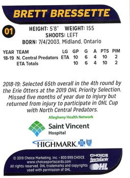2019-20 Choice Erie Otters (OHL) #1 Brett Bressette Back
