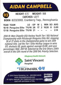 2019-20 Choice Erie Otters (OHL) #2 Aidan Campbell Back