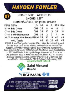 2019-20 Choice Erie Otters (OHL) #7 Hayden Fowler Back