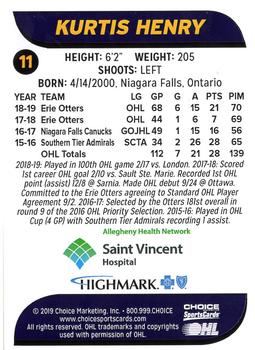 2019-20 Choice Erie Otters (OHL) #11 Kurtis Henry Back