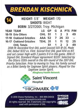 2019-20 Choice Erie Otters (OHL) #14 Brendan Kischnick Back