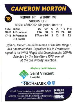 2019-20 Choice Erie Otters (OHL) #18 Cameron Morton Back