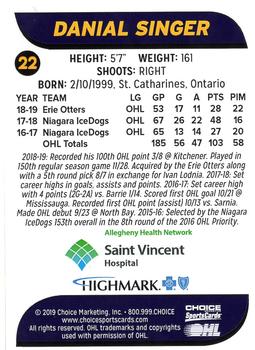 2019-20 Choice Erie Otters (OHL) #22 Danial Singer Back