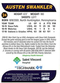 2019-20 Choice Erie Otters (OHL) #24 Austen Swankler Back