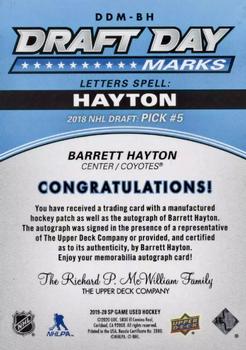 2019-20 SP Game Used - Draft Day Marks Rookies #DDM-BH Barrett Hayton Back
