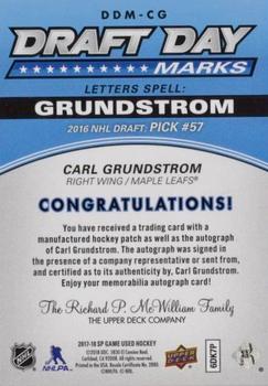 2019-20 SP Game Used - Draft Day Marks Rookies #DDM-CG Carl Grundstrom Back