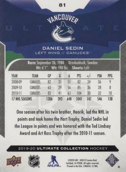 2019-20 Upper Deck Ultimate Collection #81 Daniel Sedin Back