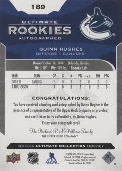 2019-20 Upper Deck Ultimate Collection #189 Quinn Hughes Back