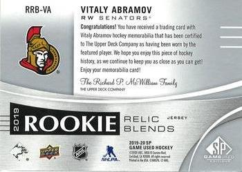 2019-20 SP Game Used - 2019 Rookie Relic Blends #RRB-VA Vitaly Abramov Back