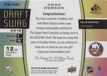 2019-20 SP Game Used - Draft Swag #DS-ND Noah Dobson Back