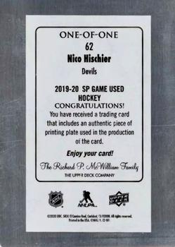 2019-20 SP Game Used - Printing Plates Cyan #62 Nico Hischier Back