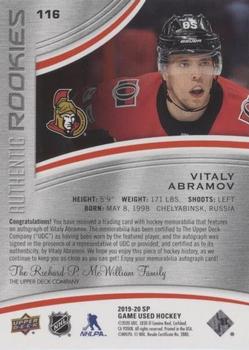2019-20 SP Game Used - Red Autograph Jersey #116 Vitaly Abramov Back