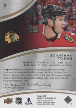 2019-20 SP Game Used - Gold Jersey Relics #4 Jonathan Toews Back