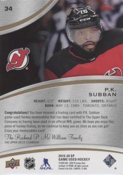 2019-20 SP Game Used - Gold Jersey Relics #34 P.K. Subban Back