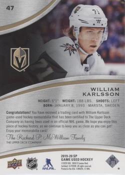 2019-20 SP Game Used - Gold Jersey Relics #47 William Karlsson Back