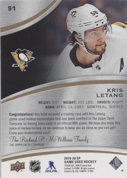 2019-20 SP Game Used - Gold Jersey Relics #51 Kris Letang Back
