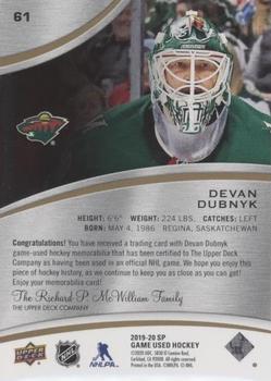 2019-20 SP Game Used - Gold Jersey Relics #61 Devan Dubnyk Back
