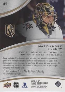 2019-20 SP Game Used - Gold Jersey Relics #84 Marc-Andre Fleury Back