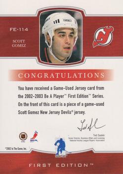 2015-16 In The Game Final Vault - 2002-03 Be a Player First Edition Jerseys (Copper Vault Stamp) #FE-114 Scott Gomez Back
