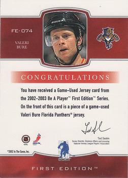 2015-16 In The Game Final Vault - 2002-03 Be a Player First Edition Jerseys (Copper Vault Stamp) #FE-074 Valeri Bure Back